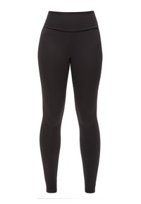 Svarta leggings gjorda av ett stretchigt, slätt tyg. Hög midja med lagerdesign. Hel längd, åtsittande siluett. Inga synliga mönster.