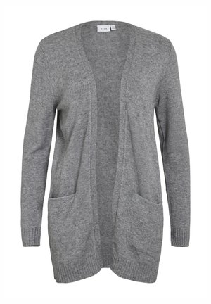 Cardigan leggero grigio con scollatura a V, apertura frontale, polsini a costine e due tasche frontali a toppa. Texture a maglia morbida. Senza chiusure.