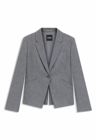 Blazer grigio su misura con revers a taglio, chiusura a un bottone e due tasche frontali, etichettato BOSS all'interno del colletto.