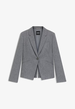 Gray tailored blazer with notch lapels, single-button closure, and two front pockets, labeled BOSS inside the collar.