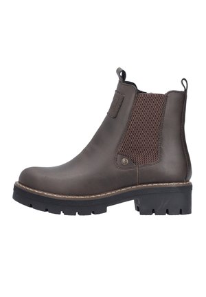 Bottine Chelsea en cuir marron avec panneau latéral élastique, languettes à la cheville, surpiqûres apparentes et semelle épaisse en caoutchouc noir.