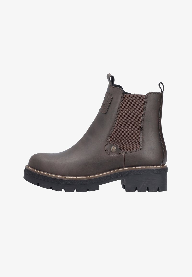 Bottine Chelsea en cuir marron avec panneau latéral élastique, languettes à la cheville, surpiqûres apparentes et semelle épaisse en caoutchouc noir.