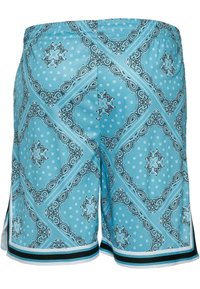 Turquoise swim shorts with a paisley pattern, featuring a black and white trim and an elastic waistband for comfort.