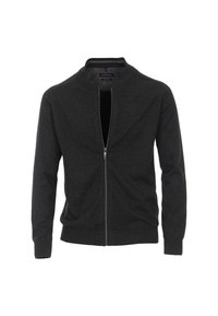 Mörkgrå zip-up cardigan med ståkrage, långa ärmar och ribbade muddarna. Tillverkad av ett mjukt stickat material med minimala designdetaljer.