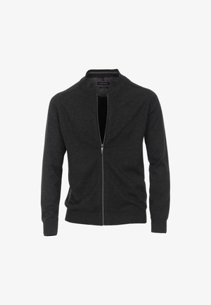 Ciemnoszary sweter rozpinany na zamek z kołnierzem stojącym, długimi rękawami i ribbowanymi mankietami. Wykonany z miękkiego materiału dzianinowego, z minimalnymi detalami projektowymi.