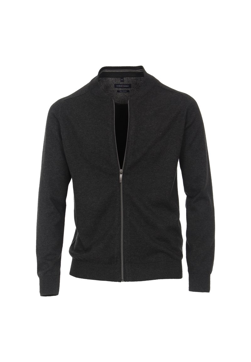 Dunkelgrauer Zip-Hoodie mit Stehkragen, langen Ärmeln und gerippten Bündchen. Hergestellt aus einem weichen Strickmaterial, mit einem minimalen Design.