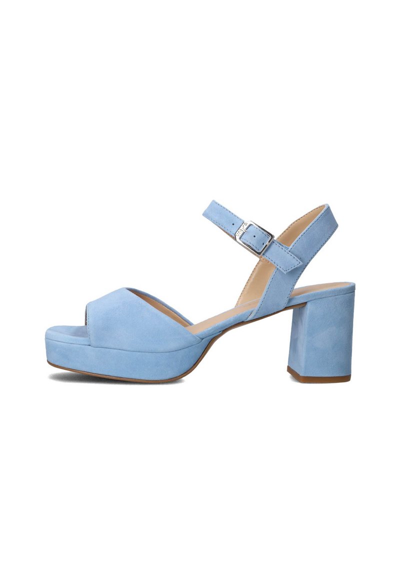 Blue suede platform sandals featuring a peep toe, ankle strap with a buckle, and a chunky block heel. Smooth texture with minimal accents.