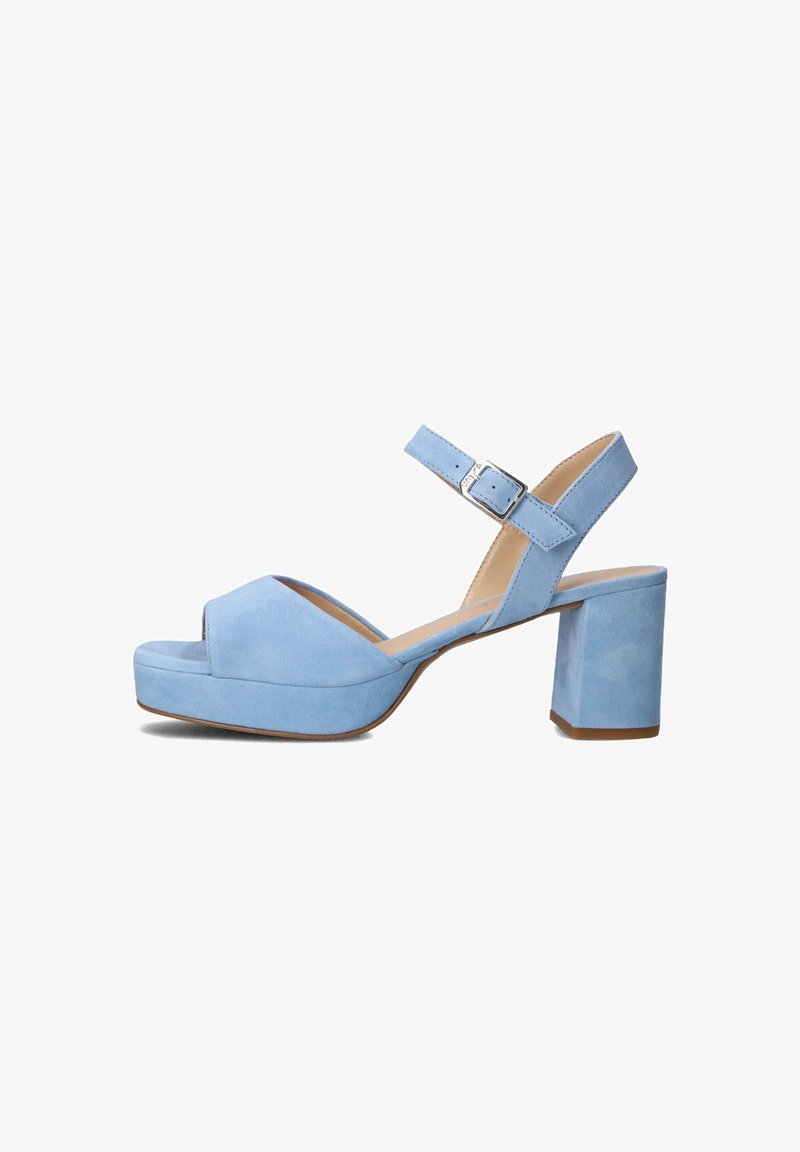 Blue suede platform sandals featuring a peep toe, ankle strap with a buckle, and a chunky block heel. Smooth texture with minimal accents.