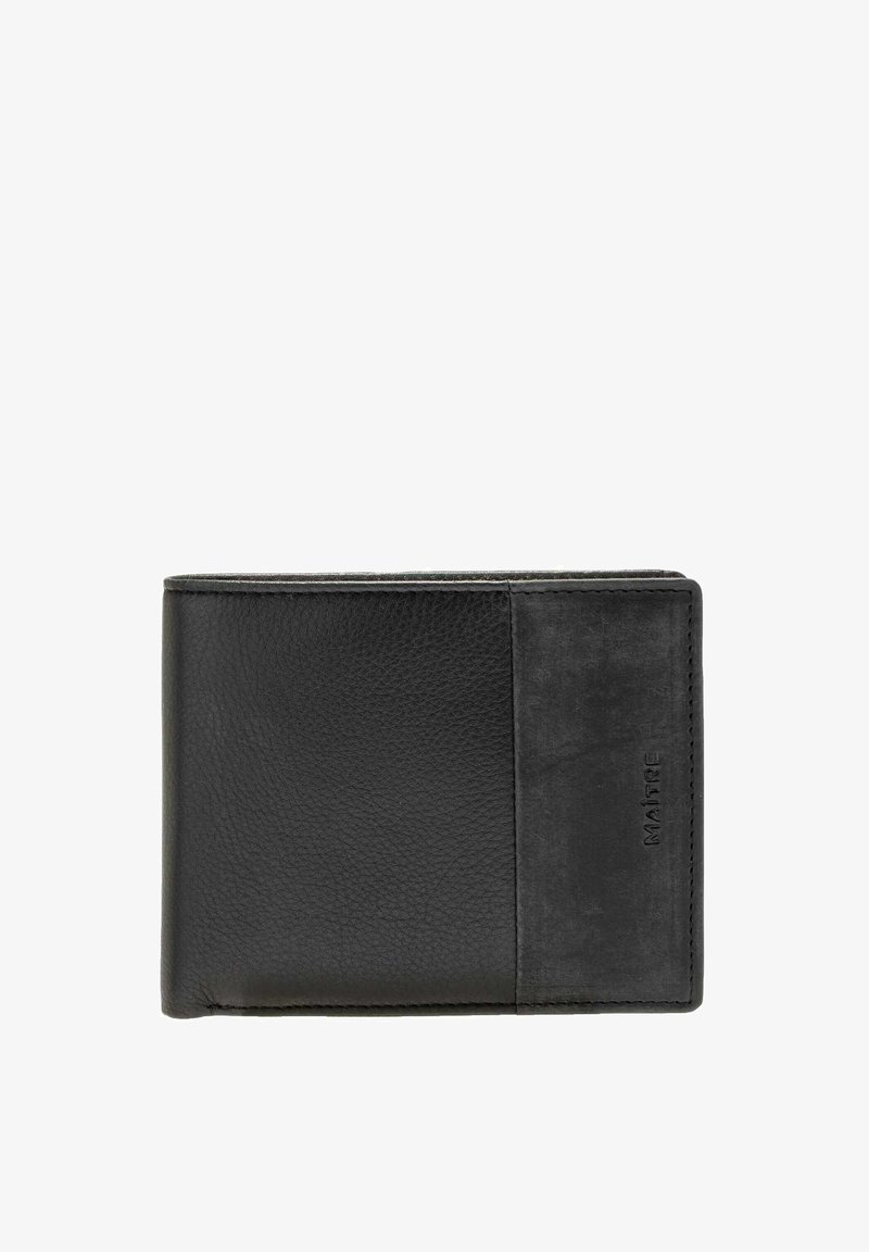 Schwarze Lederbrieftasche mit glatter Oberfläche, rechteckiger Form und einem kontrastierenden Einsatz mit geprägtem Detail.