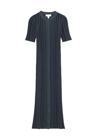 Robe midi en maille côtelée noire avec manches courtes, encolure ronde et fermeture à boutons sur le devant de haut en bas.