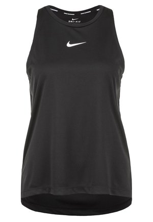 Schwarzes, ärmelloses Nike Dri-Fit Lauftanktop mit weißem Logo auf der Brust und "Nike Running" Schriftzug im Kragen.