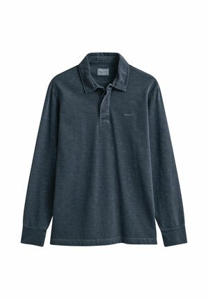 Polo à manches longues bleu marine avec col, deux boutons, poignets côtelés et petit logo sur la poitrine et à l'intérieur du col.