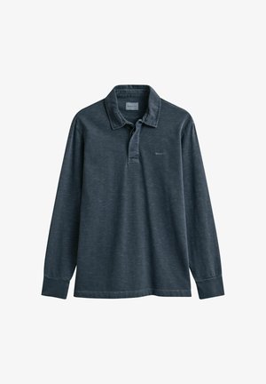 Polo à manches longues bleu marine avec col, deux boutons, poignets côtelés et petit logo sur la poitrine et à l'intérieur du col.