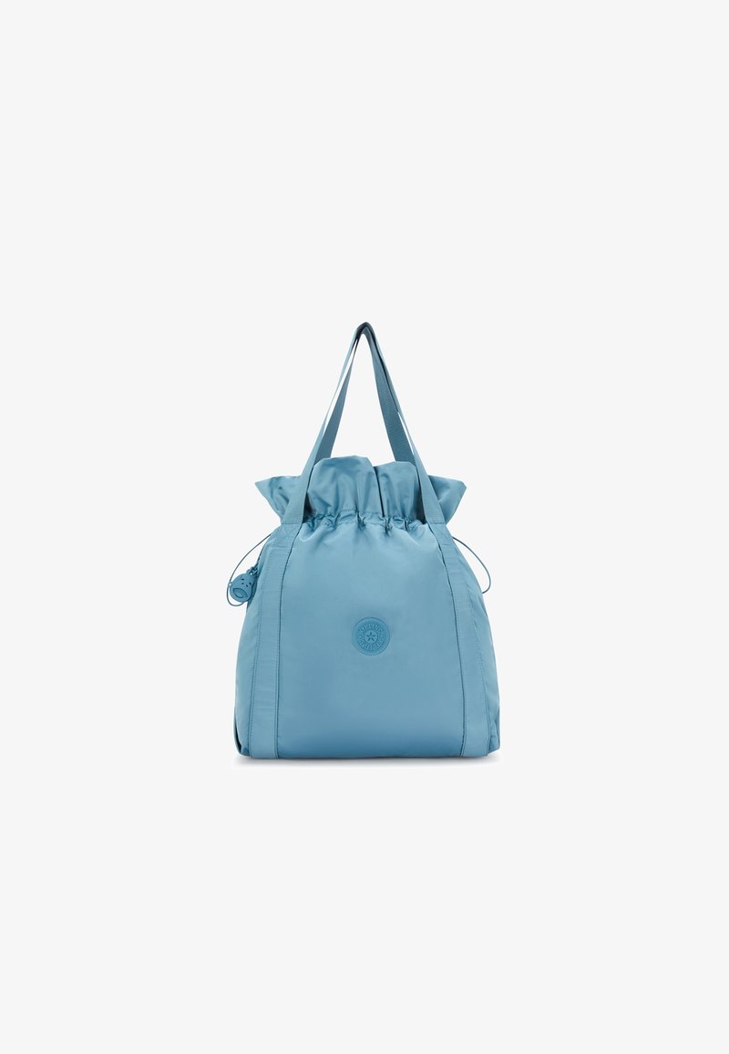 Sac fourre-tout bleu clair à cordon avec deux poignées et un logo circulaire au centre avant sur fond blanc.
