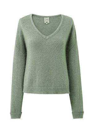 Groene gebreide trui met een V-hals, lange mouwen en geribbelde manchetten. Verkorte lengte met een zachte textuur en een relaxed fit.