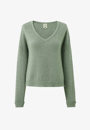 Groene gebreide trui met een V-hals, lange mouwen en geribbelde manchetten. Verkorte lengte met een zachte textuur en een relaxed fit.