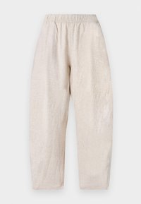 Light beige, loose-fitting trousers with an elastic waistband and subtle texture. Straight legs taper slightly at the ankles.
