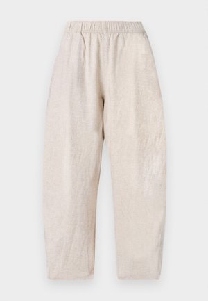 Light beige, loose-fitting trousers with an elastic waistband and subtle texture. Straight legs taper slightly at the ankles.