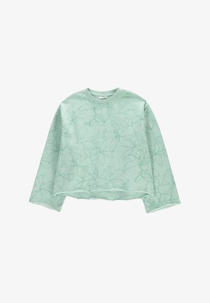Miętowa bluza z długim rękawem, z wycięciem w okolicy szyi, z krótkim krojem i wzorem w postaci rysunku linii kwiatów. Miękka tekstura materiału.