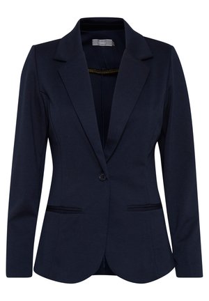 Navy blazer made of smooth fabric. Features a notched lapel, single button closure, two front pockets, and tailored fit.