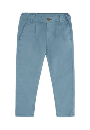 Lyseblå bomuldsbukser med elastisk taljebånd, frontlommer med plisseringer, to sidelommer og knaplukning.