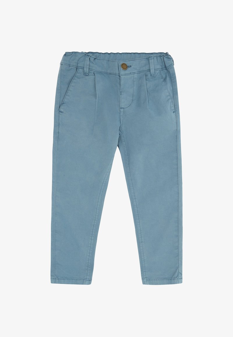 Hellblaue Baumwollhose mit elastischem Bund, vorne mit Bügelfalten, zwei Seitentaschen und Knopfverschluss.