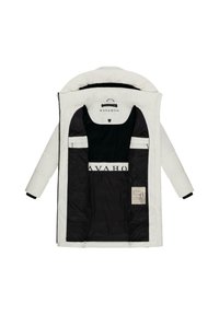 White padded coat open to show black interior lining with brand name "NAVAHOO" and inner pockets.