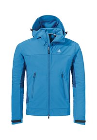 Blaue isolierte Jacke mit Reißverschluss, verstellbarer Kapuze, zwei Fronttaschen, kontrastierenden dunkelblauen Seitenpanelen und schwarzen Bündchen.