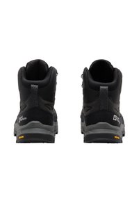 Schwarze Wanderschuhe mit Obermaterial aus Mesh und Synthetik, gepolstertem Kragen, grauen Akzenten und einer ausgeprägten Vibram-Sohle für guten Halt. Rückansicht.