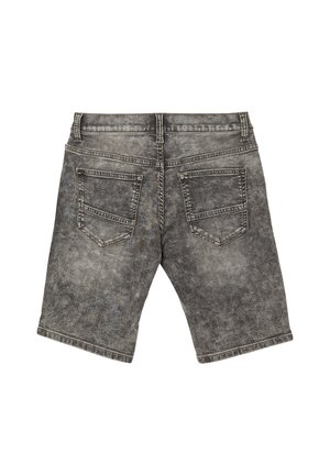 Pantalones cortos de mezclilla grises con un lavado desvanecido, diseño de cinco bolsillos y costuras reforzadas en las costuras. Estilo casual con corte recto.