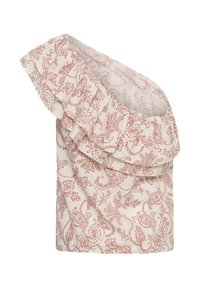 Blouse blanche asymétrique à une épaule avec motif paisley floral rouge et détail à volants superposés le long de l'encolure et de l'épaule.