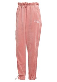 Pink velvet joggers with an elastic waistband, gathered ankle cuffs, and white heart and logo embroidery on the upper left leg.