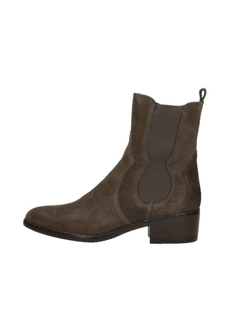 Bruine suède enkellaars met elastische zijpanelen, ronde neus en een lage blokhak. Kenmerkt zich door stikseldetails en een treklipje aan de achterkant.