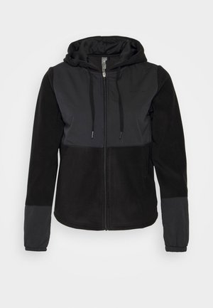 Veste à capuche noire avec fermeture éclair, cordons de serrage, détail en tissu bicolore sur la poitrine et les poignets des manches, et poignets élastiqués.