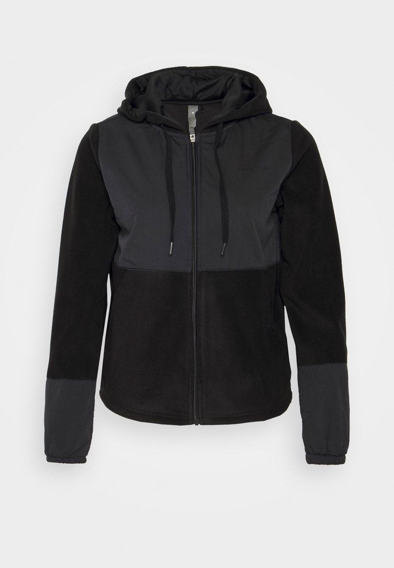 Veste à capuche noire avec fermeture éclair, cordons de serrage, détail en tissu bicolore sur la poitrine et les poignets des manches, et poignets élastiqués.