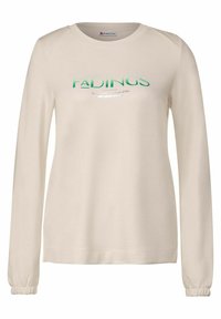 Felpa beige a maniche lunghe in tessuto morbido. Presenta un colletto rotondo e polsini arricciati. La scritta frontale recita "FADINGS" in verde e argento.