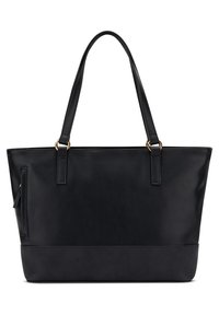 Black tote bag made from synthetic leather, featuring sturdy handles, a structured shape, and gold-tone hardware accents.