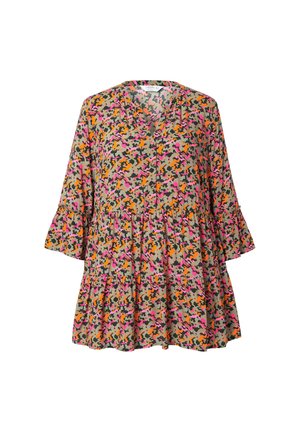 Bloemmotief jurk met een V-hals, trompetmouwen en gelaagde ruffles. Heeft kleuren zoals roze, oranje en groen op een beige achtergrond.