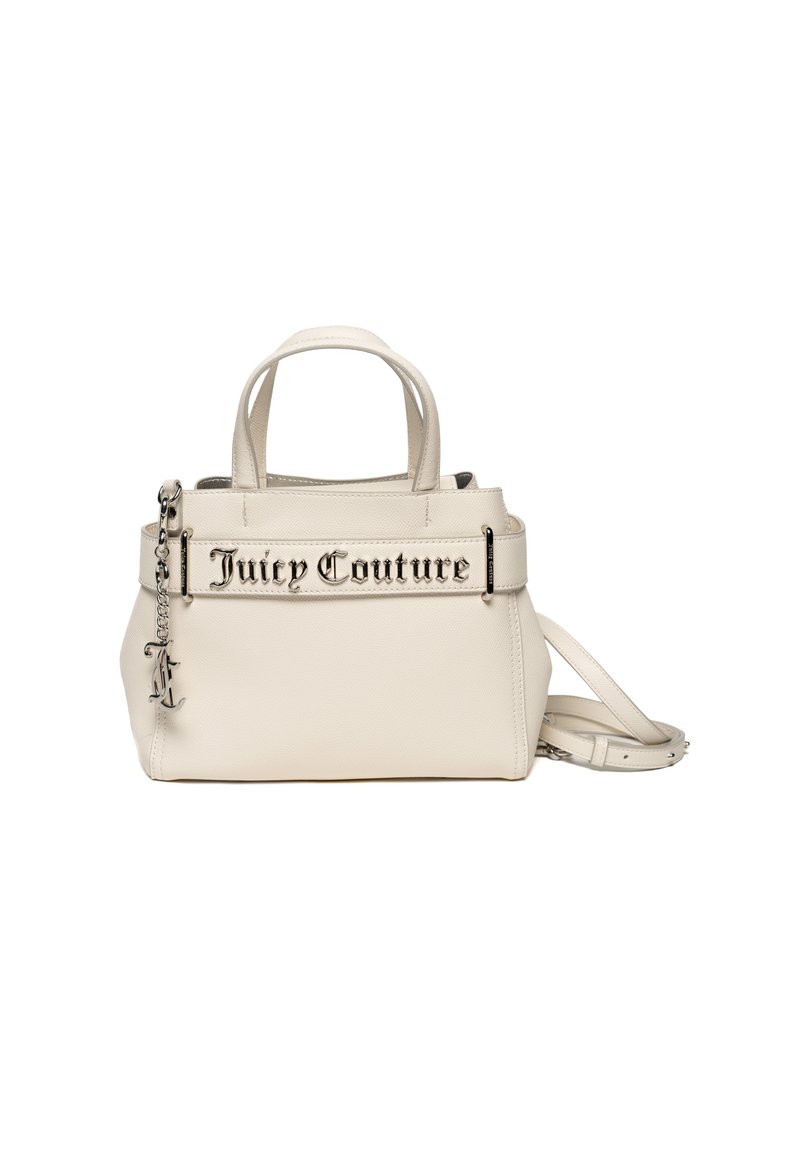 Crème-kleurige leren handtas met dubbele handgrepen, zilveren hardware en een afneembare strap. Heeft 'Juicy Couture'-branding aan de voorkant.