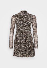 Robe en imprimé léopard avec un col haut, de longues manches transparentes, une taille élastique et une jupe évasée. Fabriquée en tissu léger et translucide.