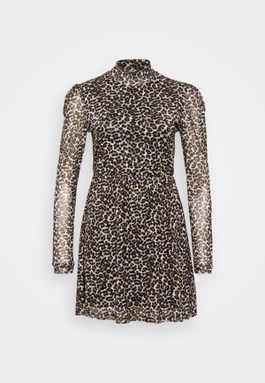 Leopard print dress with a high collar, long sheer sleeves, elastic waist, and flared skirt. Made from lightweight, translucent fabric.