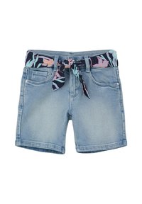 Hellblaue Jeansshorts mit einem blumenmusterbedruckten Stoffgürtel. Verfügt über vier Taschen und eine lockere Passform. Glatte Textur, lässiges Design.