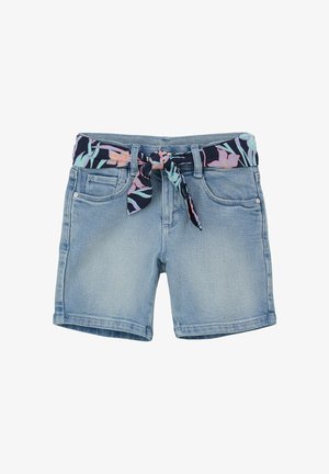 Jasnoniebieskie szorty dżinsowe z materiałowym paskiem w kwiatowy wzór. Posiadają cztery kieszenie i luźny krój. Gładka tekstura, casualowy design.