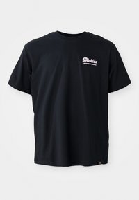 Black cotton t-shirt with short sleeves, round neckline, and a pink logo on the left chest. Features a tag on the bottom left hem.
