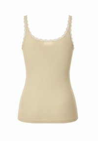 Beige ribgebreide tanktop met een getailleerde pasvorm, afgewerkt met een gebogen kanten randje bij de halslijn en bandjes, een gladde textuur en zonder zichtbare sluitingen.