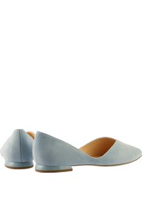 Light blue suede flats with a pointed toe design and a low, translucent heel. Smooth texture with a simple, elegant silhouette.