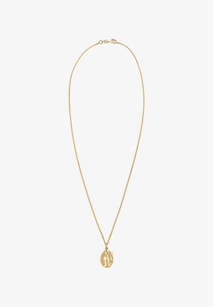 Collana color oro con una sottile catena, caratterizzata da un ciondolo rotondo inciso con un disegno, che mostra dettagli intricati e una finitura lucida.