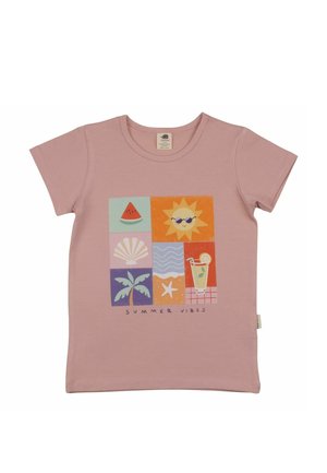 Pink short-sleeve t-shirt with colorful summer-themed squares showing watermelon, sun with sunglasses, shell, waves, palm tree, starfish, and a drink.