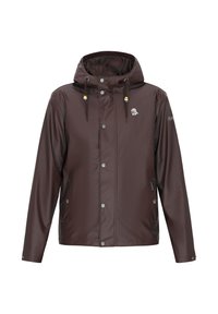 Giacca impermeabile marrone con cappuccio, dotata di bottoni a pressione, tasche laterali, cordini e logo sul petto. Texture liscia.