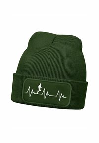 Dark green knitted beanie with a folded cuff featuring a white heartbeat line and running figure graphic on a rectangular patch.